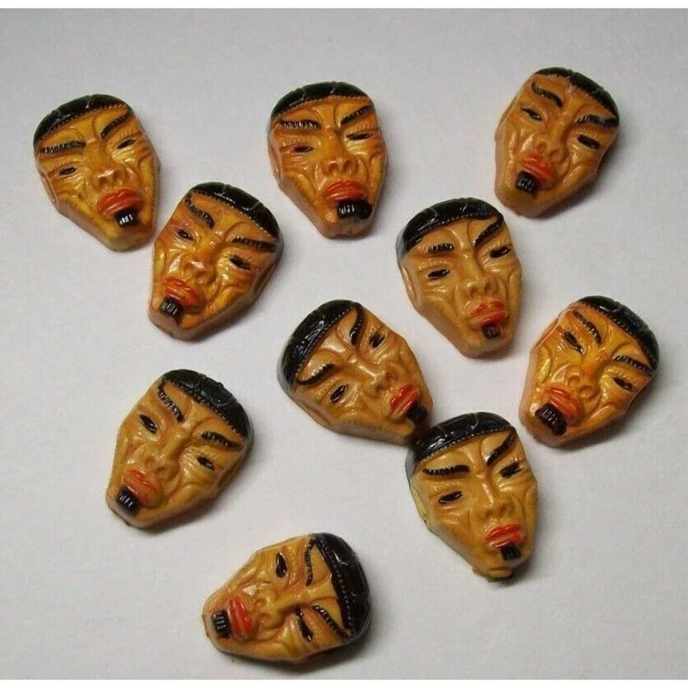 Lot Of 10 Vintage 1960s Weird Tribal Face Masks Resin Coated Cabochon NOS Crafts